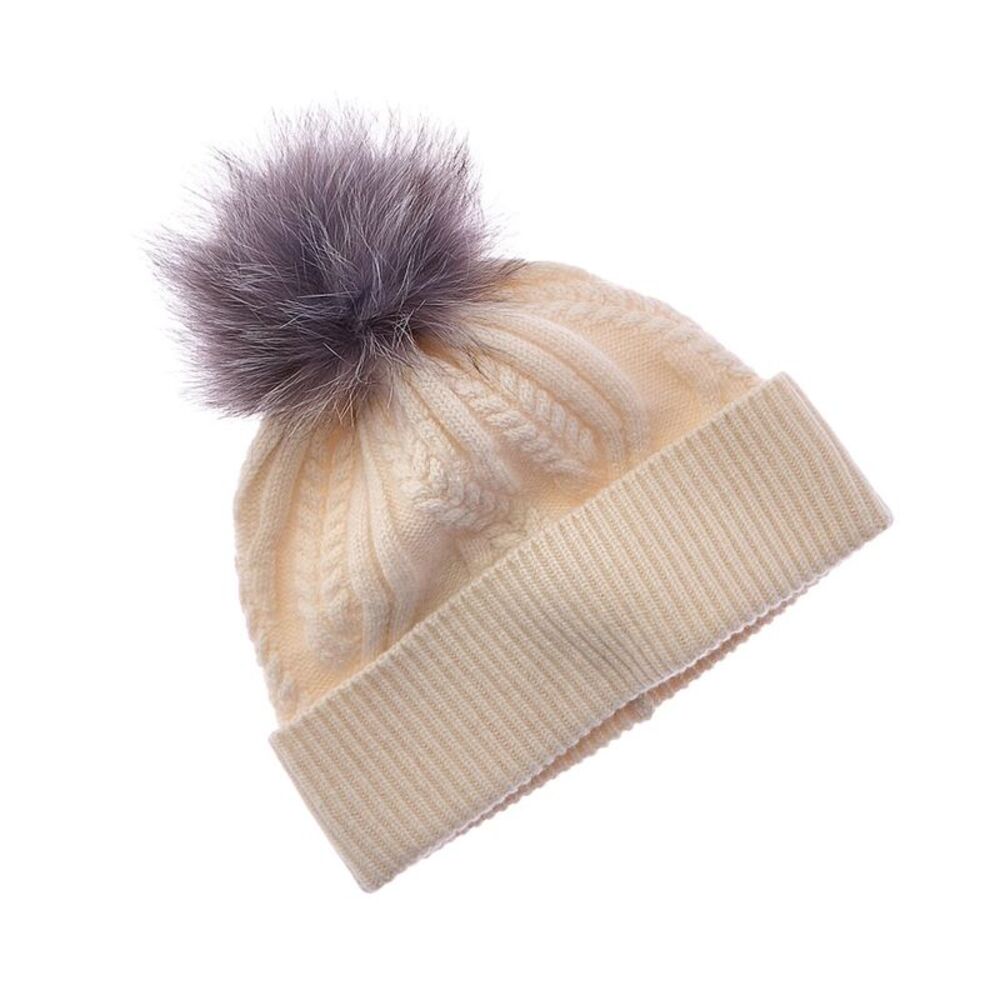 Amicale Cashmere Winding Cable Cuff Wool & Cashmere-Blend Hat, White